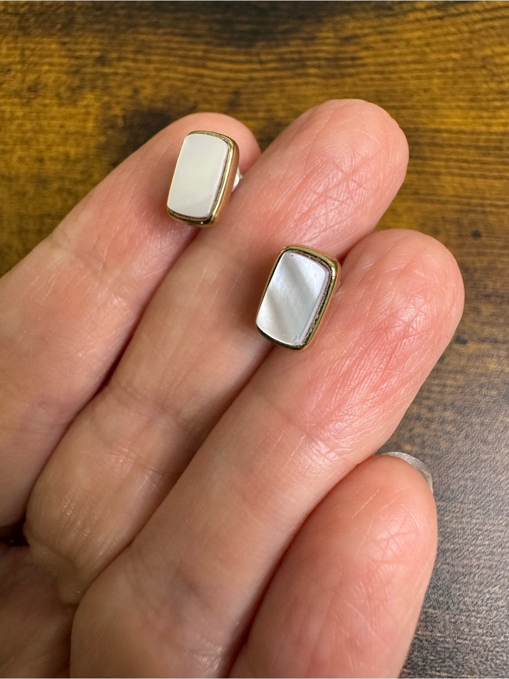 Monet White Mother-of-Pearl Rectangular Stud Earrings with Gold Trim